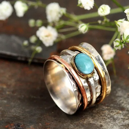 Miniatura 2 de Boho-Magic Anillo giratorio de plata de ley 925 con larimar para mujer con cobre y latón