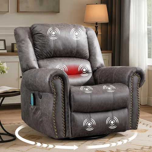 Miniatura 8 de MEETWARM Sillón reclinable giratorio de masaje con calor y vibración, mecedora manual mecedora, silla reclinable giratoria de 360° con control