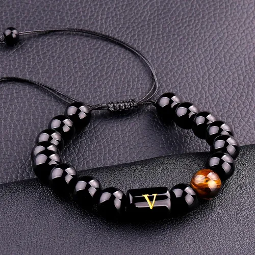 Miniatura 108 de SUMMER LOVE Regalos para el Día del Padre, pulsera con inicial de piedra de ónix negro de 0.394 pulgadas para hombres, pulsera de cuerda trenzada
