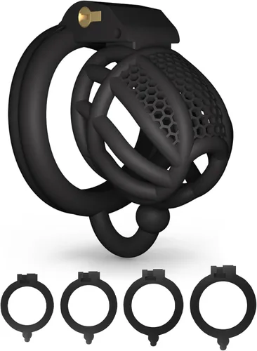 AMAZBEE Jaula de castidad jaula de aireación masculina para pene, dispositivos de castidad de panal para hombres, jaula para pene con 4 anillos de