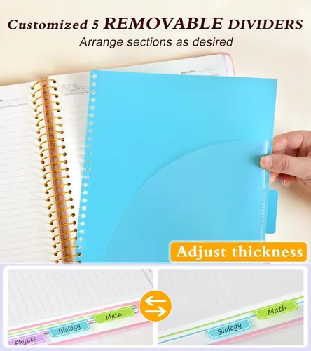 Miniatura 4 de Cuaderno de 5 asignaturas con rayas universitarias con pestañas divisorias de bolsillo removibles, cuaderno en espiral de 240 páginas de 8.5 x 11