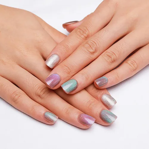 Miniatura 24 de Uñas postizas a presión de Navidad, color rojo vino, uñas postizas cuadradas medianas con diseño degradado, cobertura completa, acrílico brillante