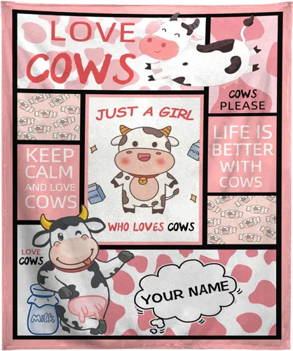 Miniatura 17 de Manta personalizada con estampado de vaca con nombre, texto personalizado, manta de vaca suave, cálida y acogedora manta de franela con estampado