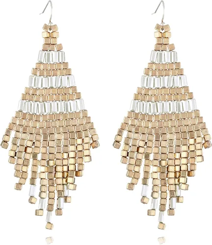 MJartoria Aretes largos de borla con cuentas para mujer, aretes bohemios, aretes colgantes vintage, aretes nativos hechos a mano, aretes coloridos
