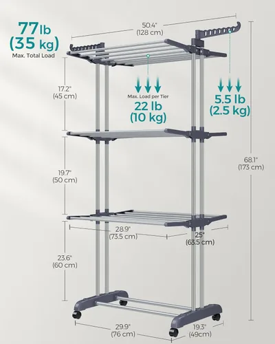 Miniatura 5 de SONGMICS Tendedero para Ropa de 4 Niveles, Tendedero Plegable para Secado de Ropa de 173 cm de Altura, Acero, Carrito para Secar Ropa, Fácil de Gris