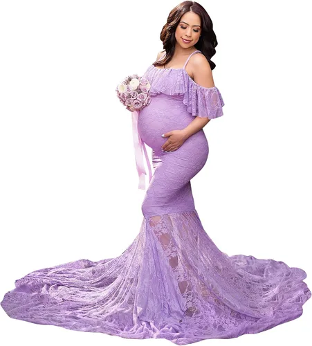 Vestido de maternidad con volantes y hombros descubiertos para mujer, para fotografía, baby shower, vestido de sirena floral para sesión de fotos