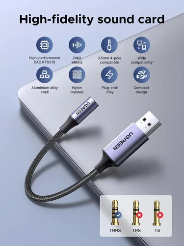 Miniatura 2 de UGREEN Adaptador de audio USB a conector de 3.5 mm Tarjeta de sonido con soporte para micrófono TRRS Auriculares DAC 24bit 96kHz USB a conector