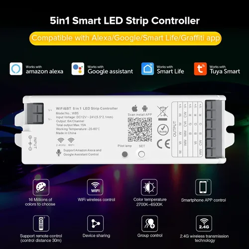 Miniatura 4 de SEZO WB5 5 en 1 Tuya WiFi 2.4GHz PWM LED controlador para atenuación RGB RGBCCT RGBW LED tira compatible con Alexa/Google Home/Tuya Smart Life APP
