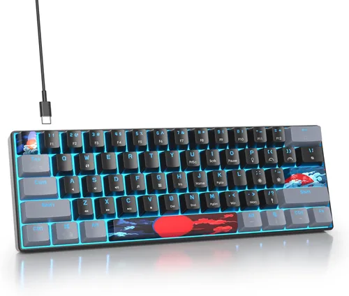 Miniatura 17 de Teclado mecánico portátil 60 % para juegos, teclado de oficina mini compacto con retroiluminación LED azul hielo de 61 teclas con cable, interruptor