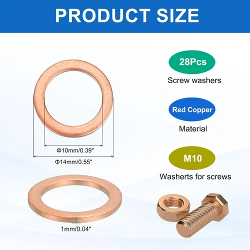 Miniatura 2 de MECCANIXITY 28Pcs Arandela Plana, Juego de Arandelas de Cobre M10, Anillo de Sellado de Cobre, Arandela de Aplastamiento, 10mm ID, 14mm OD, 1mm