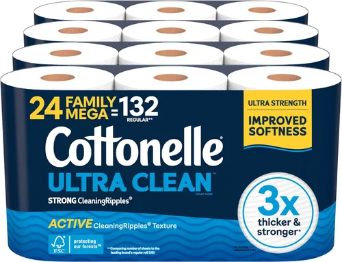 Cottonelle Papel Higiénico Ultra Limpio con Textura de Ondas de Limpieza Activa, Papel de Baño Resistente, 24 Rollos Mega Familiares = 132 Rollos