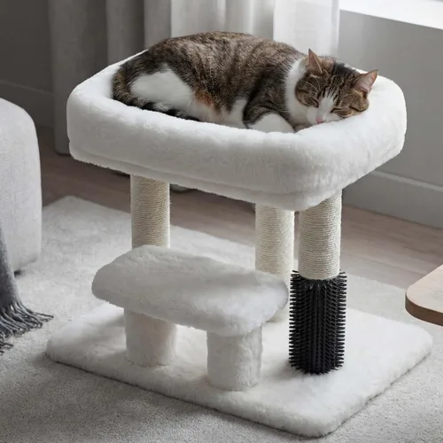 Heybly Poste rascador para gatos, torre de árbol pequeño para gatos con 3 postes de sisal completos, cama de felpa extraíble, cepillo de aseo,