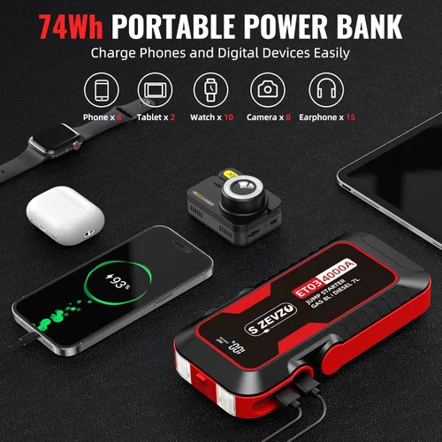 Miniatura 10 de S ZEVZO ET03 Arrancador de Coche 4000 A, Paquete de Batería de Arranque de 4000 A para Motores de Gasolina de hasta 8.0 L y Diésel de 7.0 L, Caja