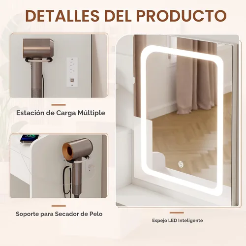 Miniatura 6 de LIVELYGLOW Juego de tocador pequeño con espejo iluminado y estación de energía, escritorio de maquillaje blanco moderno de 24 pulgadas con taburete