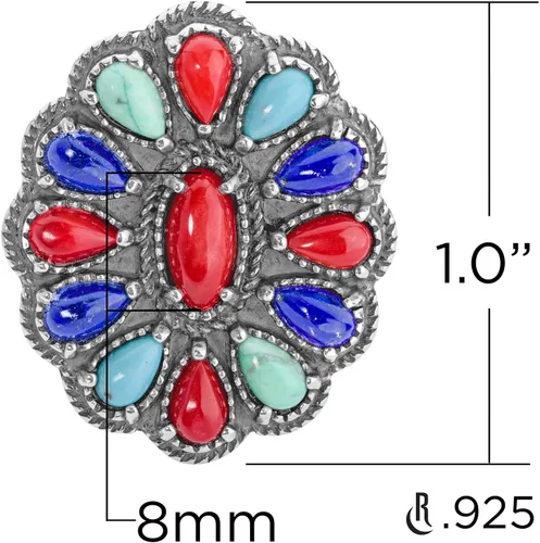 Miniatura 3 de Anillo de plata de ley American West con diseño de racimo de lapislázuli azul, turquesa y coral rojo, talla 5 a 10