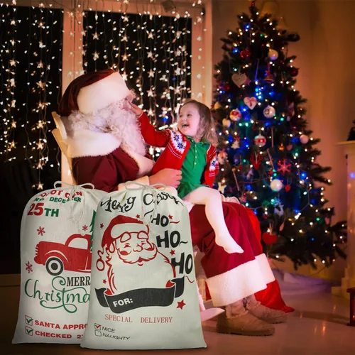 Miniatura 3 de SULOLI 2 sacos grandes de Papá Noel, bolsa de regalo de lona de Navidad de 26 x 19 pulgadas con cordón para decoraciones de fiesta de Navidad
