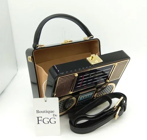 Miniatura 7 de Estuche rígido vintage de acrílico para radio bolso de mano para mujer bolso cruzado de hombro Negro