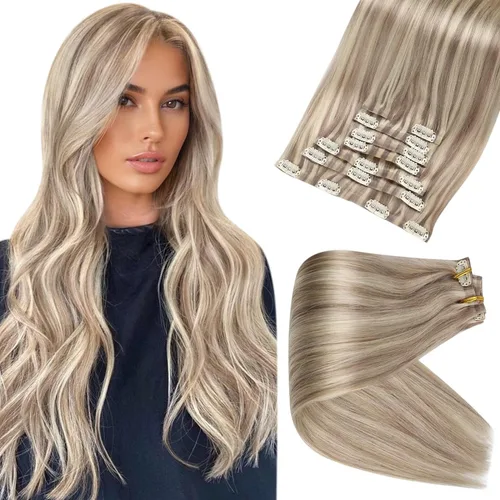 Miniatura 73 de Full Shine Extensiones de cabello humano con pinzas, cabello humano Remy invisible para mujer, color rubio platino, 20 pulgadas, 8 unidades, 4.23 oz
