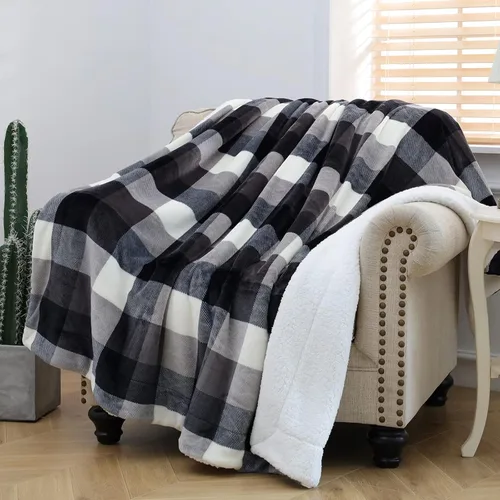 Miniatura 5 de SOCHOW Manta de Sofá de Vellón Sherpa a Cuadros Buffalo, Manta de Ropa de Cama de Doble Cara a Cuadros Súper Suave y Lujosa 60 x 80 pulgadas