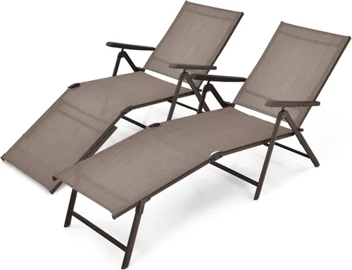 Miniatura 10 de COSTWAY 2 piezas de tumbona plegable, tela ligera y transpirable, silla reclinable de bronceado al aire libre para terraza, playa (gris)
