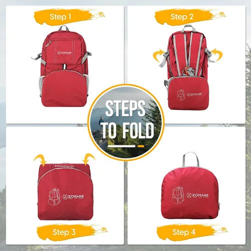 Miniatura 5 de ZOMAKE Mochila Ligera Empacable de 35L, Mochilas Ligeras Plegables Resistentes al Agua Bolsa de Senderismo Colapsible, Paquete de Día Plegable Rojo