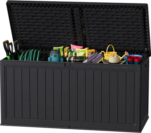 Miniatura 14 de JUMMICO Caja de resina de 31 galones, cajas de almacenamiento impermeables para interiores y exteriores para muebles de patio, cojines y Negro