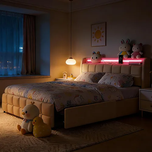 Miniatura 4 de Juego Base de cama Full 3 en 1 con luz LED RGB, enchufe y estación de carga USB y tipo C, 4 cajones, listones de madera, cama tapizada, sin ruido