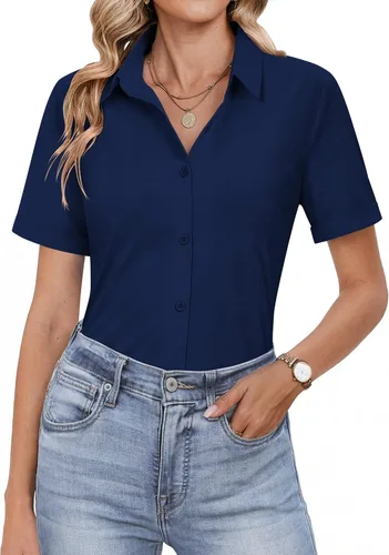 Miniatura 11 de HOTOUCH Camisas con botones para mujer, camisas de vestir de manga corta, blusas casuales de negocios, blusa de trabajo de oficina