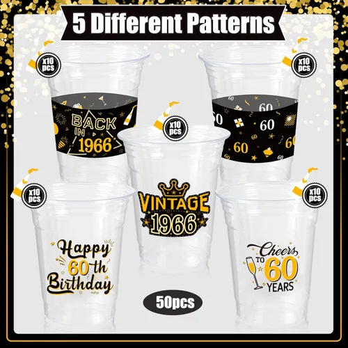 Miniatura 4 de 50 vasos de plástico para fiesta de cumpleaños número 60 a granel, 16 onzas, vasos desechables de plástico negro dorado para celebrar cumpleaños