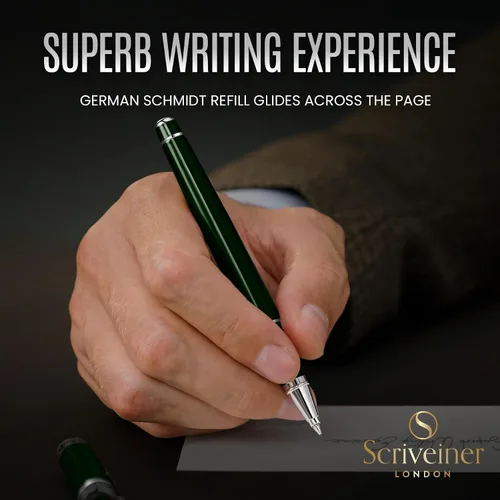 Miniatura 4 de Scriveiner British Racing Green Rollerball - Impresionante bolígrafo de lujo con acabado cromado, repuesto de tinta Schmidt, el mejor juego de 12.