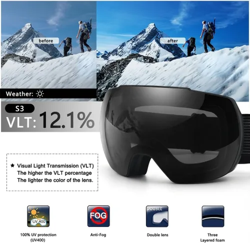 Miniatura 4 de OULAIQI Gafas de esquí de nieve, protección OTG UV400, anti niebla, esquí, patinaje, snowboard, gafas de snowboard para hombres, mujeres y jóvenes