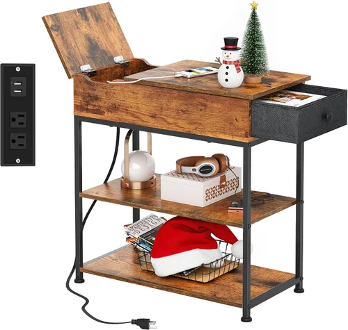 Miniatura 9 de WLIVE Mesa auxiliar estrecha con 2 puertos USB y 2 tomacorrientes, mesa auxiliar negra con cajón y estantes de almacenamiento, mesita de noche