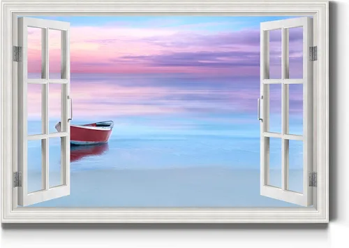 Miniatura 24 de Renditions Gallery Lienzo decorativo para pared, vista de barco viejo atracado en la playa de arena blanca, obra de arte para colgar en la pared
