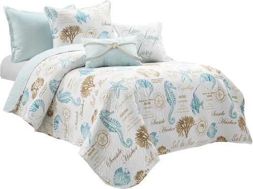 Miniatura 7 de Lush Decor Harbor Life - Juego de edredón reversible, juego de 5 piezas, tamaño individual/individual XL, azul y gris topo, juego de ropa de cama