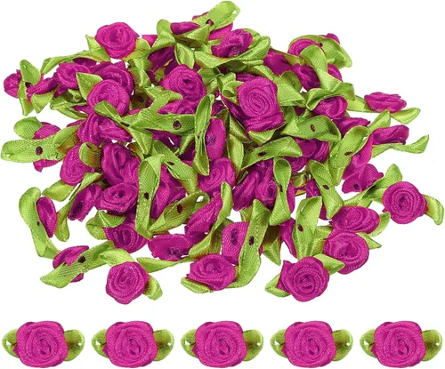 Miniatura 13 de PATIKIL Mini rosas de cinta, 200 unidades, pequeñas flores de tela de satén con adornos de hojas verdes, rosetas para manualidades, costura, boda