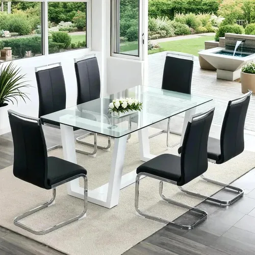 Miniatura 15 de Ebullient - Juego de mesa de comedor de cristal para 4, juego de mesa de comedor moderno para 4, tablero de vidrio templado con patas trapezoidales