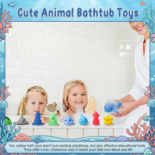 Miniatura 6 de Poen 100 juguetes de bañera de animales marinos a granel, lindos juguetes de baño de goma flotantes, animales chirriantes del océano