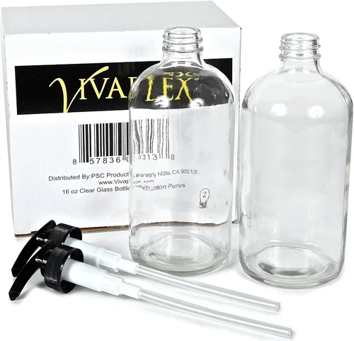 Miniatura 3 de Vivaplex, 2, grandes, 16 onzas, botellas vacías de vidrio transparente con bombas de loción negra