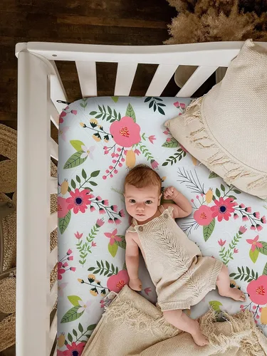Miniatura 4 de Sábana ajustada suave para cuna, sábana elástica y transpirable para cuna para niños y niñas, se adapta a colchones estándar de cuna y niños