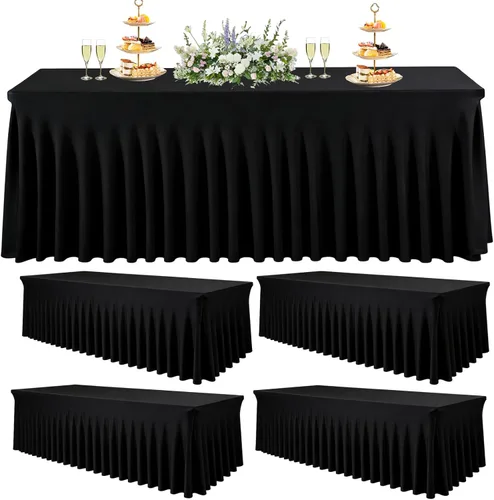 Miniatura 9 de Paquete de 3 manteles de elastano negro para mesas rectangulares de 6 pies, sin arrugas, manteles de poliéster elástico de 6 pies con falda