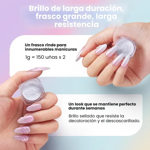 Miniatura 6 de Beetles Polvo Cromado para Uñas 2 Frascos Blanco y Púrpura Perla Cromer Polvo Cromado para Uñas para Gel Efecto Espejo Brillo Kit de Manicura