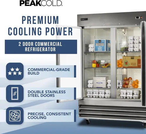 Miniatura 2 de PEAKCOLD by Iron Mountain - Alcance comercial de 2 puertas en refrigerador de acero inoxidable, interior blanco; 47 pies cúbicos, 54 pulgadas