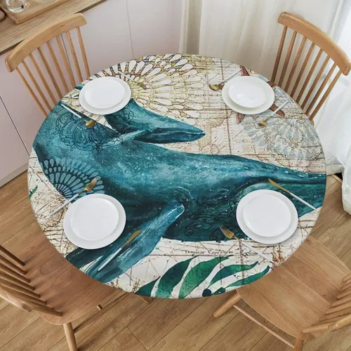 Miniatura 11 de Mantel ajustable con temática náutica con diseño de cangrejo, mapa de vida costero azul del océano, borde elástico, cubierta impermeable y lavable
