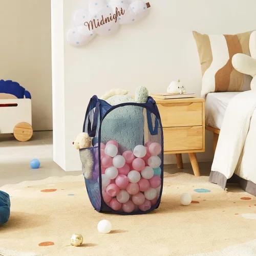 Miniatura 7 de TECHMILLY Cesta de Lavandería Plegable de Malla Pop Up con Asas Resistentes y Bolsillo Lateral - Cestas de Ropa Portátiles y Plegables para Azul