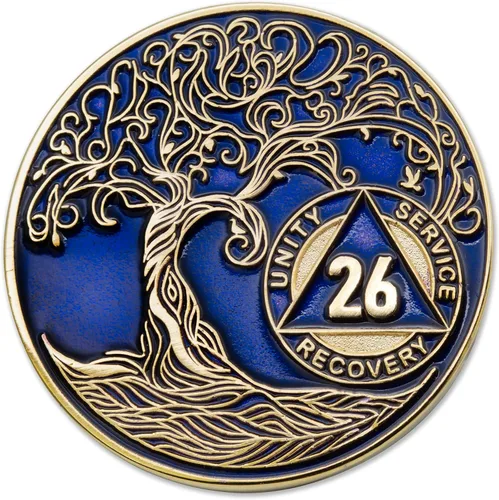 Miniatura 268 de 20 Year Sobriety Mint Twisted Tree of Life - Medallón de recuperación AA chapado en oro, fichas y fichas, color negro