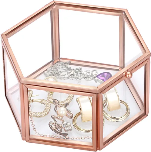 Hipiwe Joyero de cristal vintage, organizador hexagonal de joyería, caja de recuerdos, caja decorativa para el hogar, caja para almacenamiento,