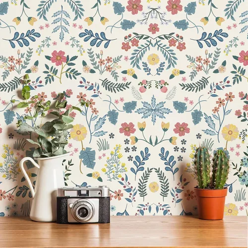 Miniatura 9 de Simon&Siff Papel Tapiz Floral Despegar y Pegar Azul Marino Bohemio Papel de Pared 60" x 17.3" Azul Oscuro Flores Florecientes Flores Silvestres