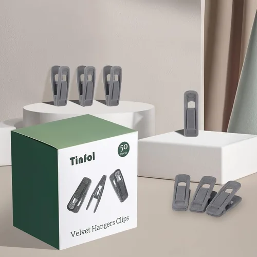 Miniatura 5 de Tinfol Clips de terciopelo para colgar, paquete de 50 clips de terciopelo para pantalones grises, clip para colgar ropa, alfiler de ropa de apertura