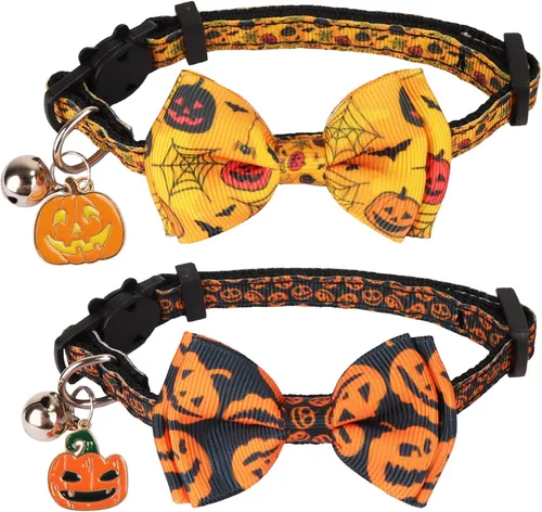 Miniatura 12 de ADOGGYGO Collares de gato de Halloween con campana de lazo, collar de moño para gatito, tela de araña, calavera, collares de Halloween para niñas