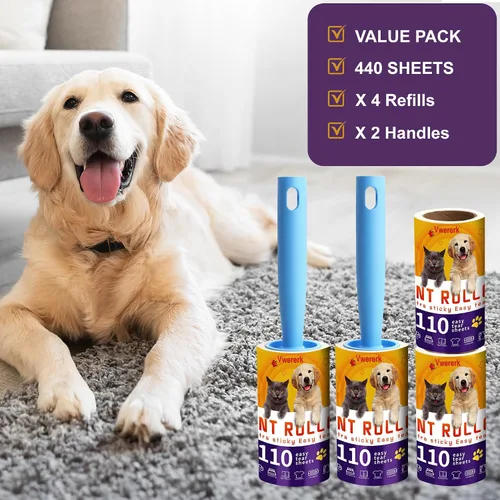 Miniatura 2 de Rodillos de pelusa para pelo de mascotas extra pegajosos, 440 hojas/4 repuestos de rodillos de pelusa con 2 asas duraderas, rodillo de pelo